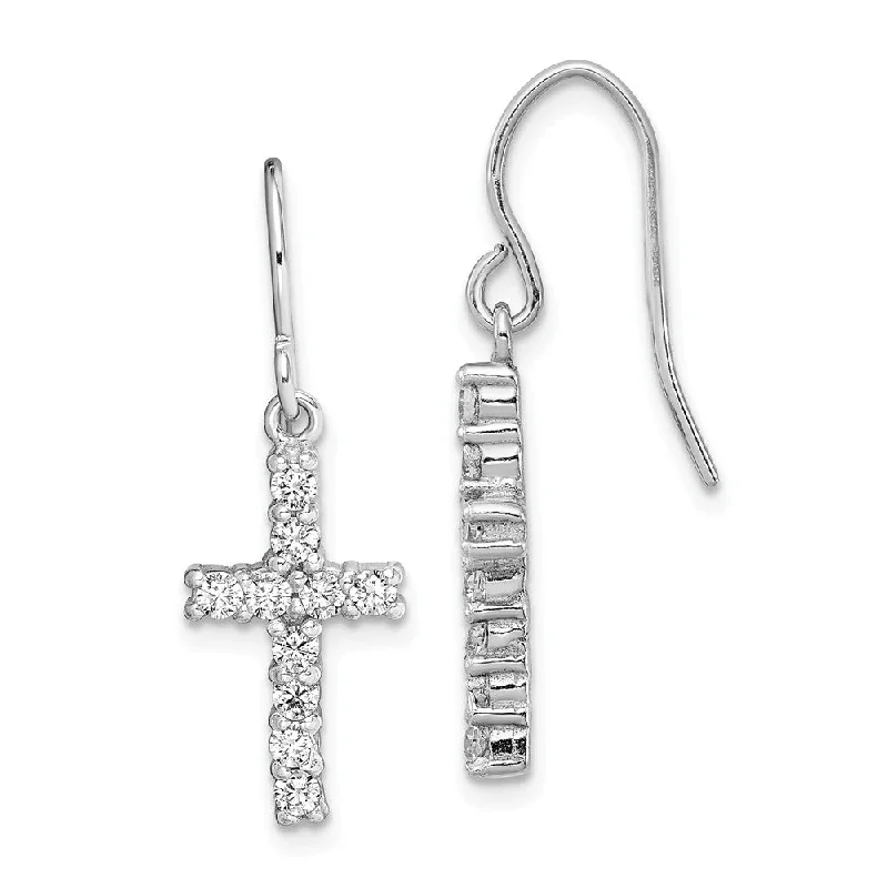 Ladies earrings gift choices-16mm Cubic Zirconia Cross Dangle Earrings in Sterling Silver