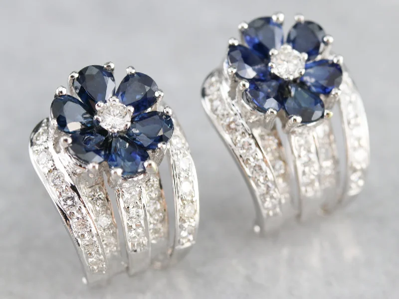 Ladies earrings gold-plated-Floral Sapphire and Diamond Earrings