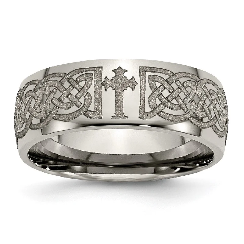 Ladies rings standout pieces-8mm Titanium Etched & Polished Celtic Cross Domed Standard Fit Band