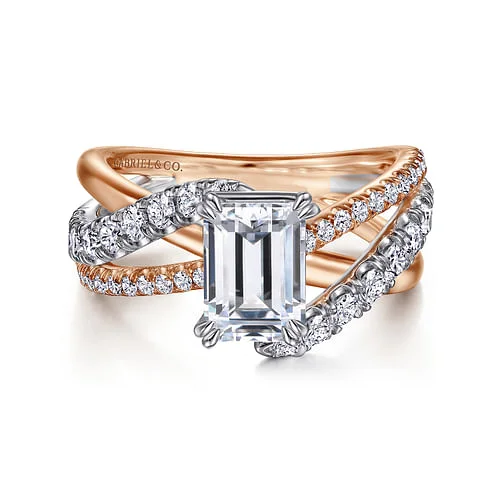 Ladies wedding rings engraved styles-14K White-Rose Gold Emerald Cut Free Form Diamond Engagement Ring