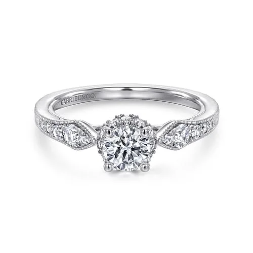 Ladies wedding rings discount offers-Vintage Inspired 14K White Gold Round Halo Complete Diamond Engagement Ring