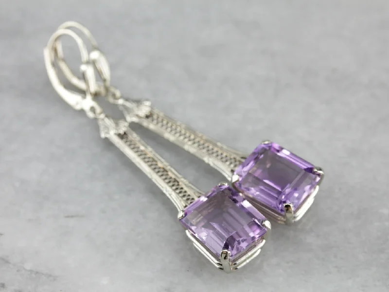 Ladies earrings synthetic jewels-Filigree Amethyst Drop Earrings