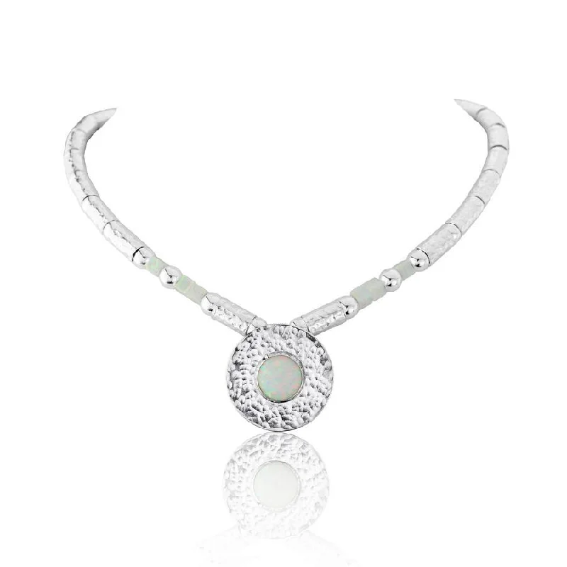 Ladies necklaces group styles-Lavan Hammered Sterling Silver and White Opal Necklace