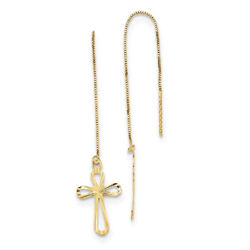 Ladies earrings minimalist charm-10 x 74mm 14k Yellow Gold D/C Box Chain & Cross Threader Earrings