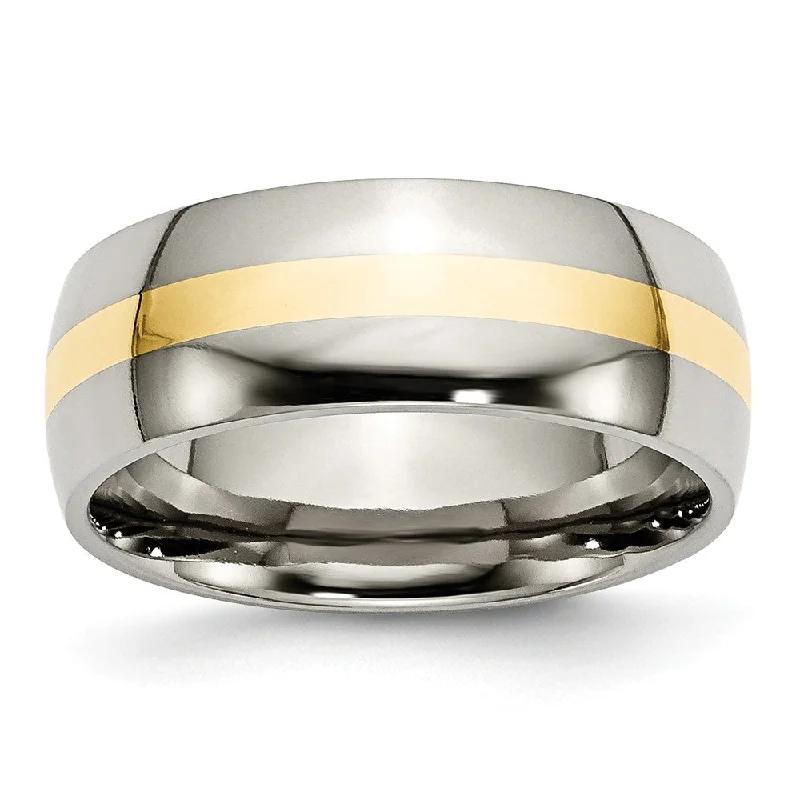 Ladies rings modern appeal-Titanium and 14K Gold, 8mm Striped Unisex Standard Fit Band