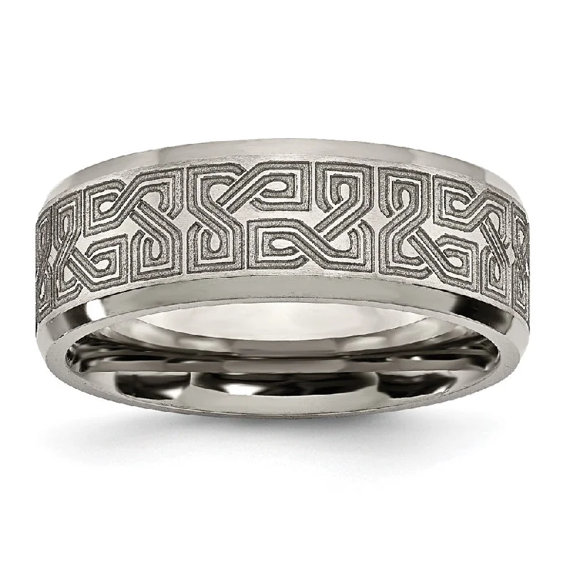 Ladies rings index finger-8mm Titanium Lasered Greek Key Beveled Edge Standard Fit Band