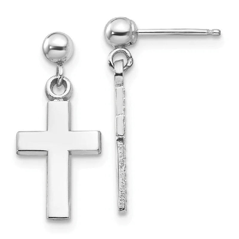 Ladies earrings timeless looks-Small Polished Latin Cross Dangle Post Earrings in 14k White Gold