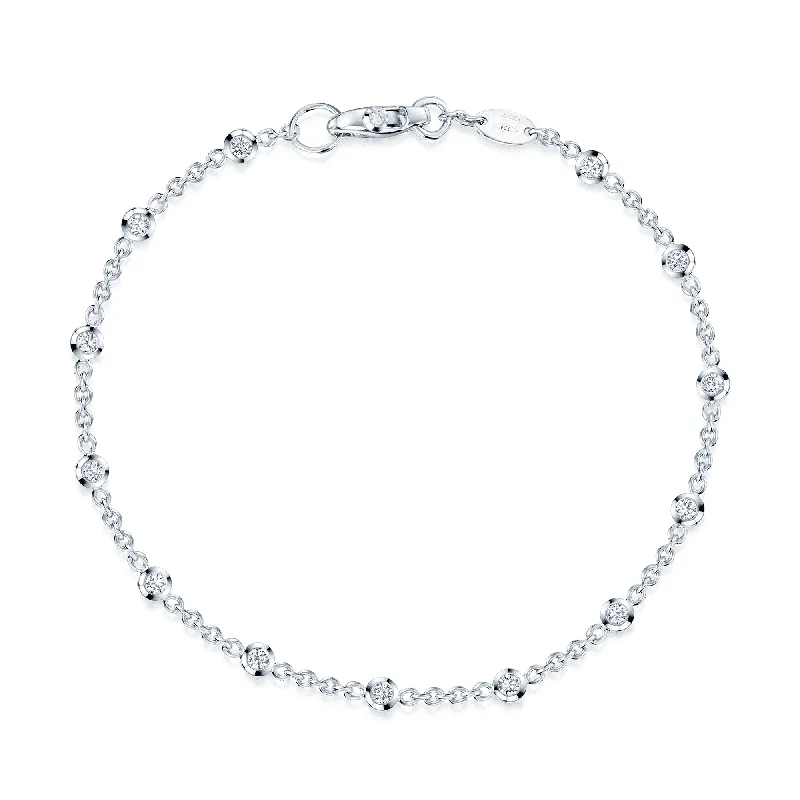 Ladies bracelets white gold-18ct White Gold Rub Over Set Round Brilliant Cut Diamond Fine Chain Bracelet