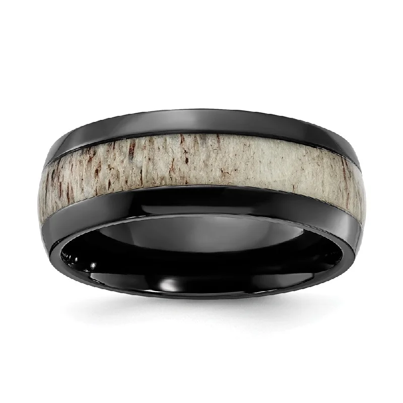 Ladies rings custom designs-8mm Black Zirconium & White Antler Inlay Standard Fit Band