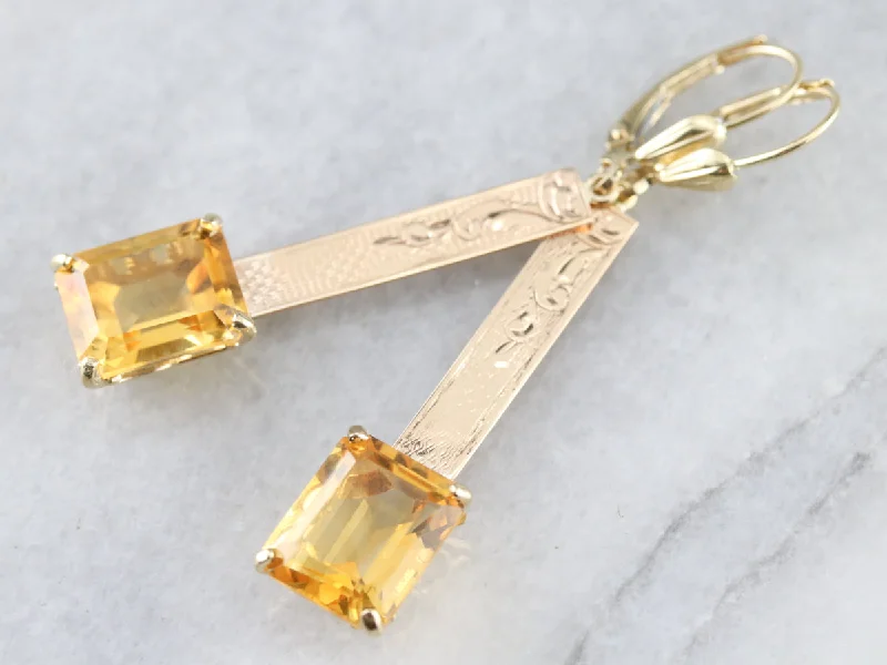 Ladies earrings investment value-Citrine Gold Bar Drop Earrings