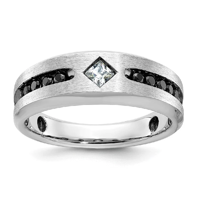 Ladies rings Asian styles-Mens 8mm 14K White Gold Black Rhodium Black/White Diamond Tapered Band