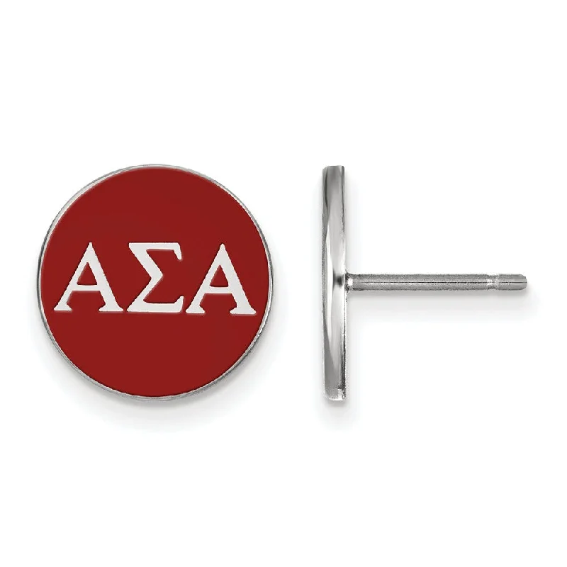 Ladies earrings collectible pieces-Sterling Silver Alpha Sigma Alpha Red Enamel Disc Post Earrings