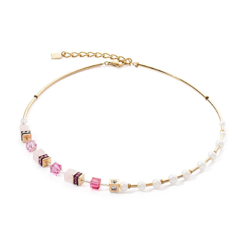 Ladies necklaces Christmas designs-Coeur De Lion GeoCUBE® Gold Pink and Pearl Necklace