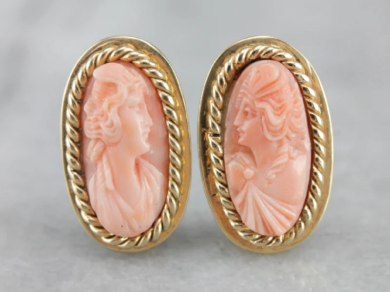 Ladies earrings social media trends-Gorgeous Carved Coral Cameo Earrings, Classic Yellow Gold Clip On Earrings