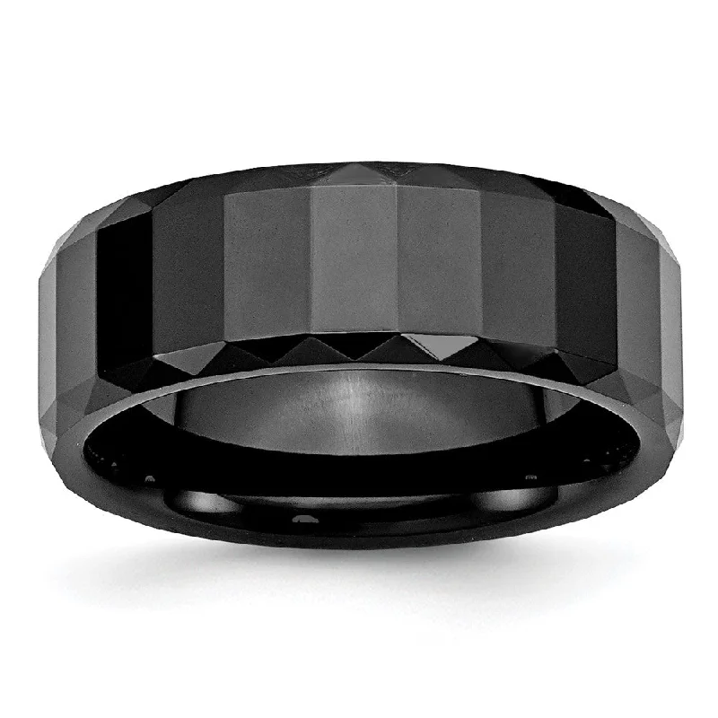 Ladies rings age suitability-8mm Black Ceramic Faceted & Beveled Edge Standard Fit Band