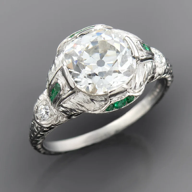 Ladies wedding rings eco-friendly-Art Deco Platinum Diamond + Emerald Engagement Ring 2.36ctw Center