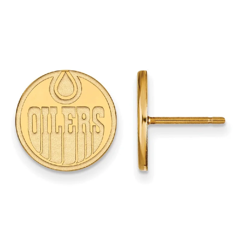 Ladies earrings chandelier looks-SS 14k Yellow Gold Plated NHL Edmonton Oilers Small Post Earrings