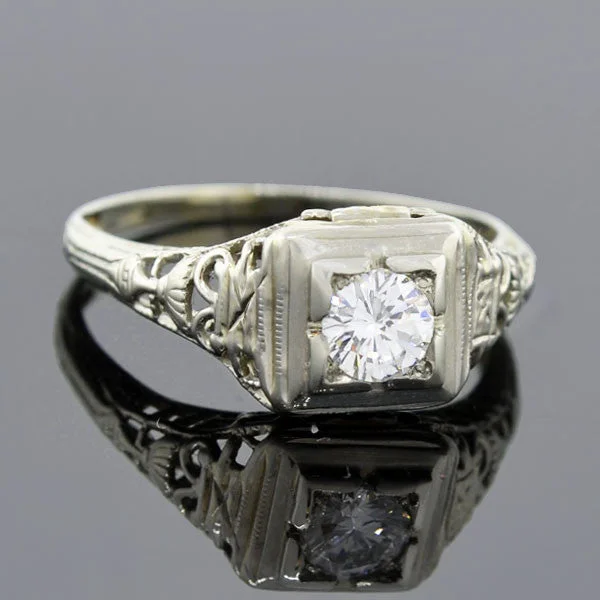 Ladies wedding rings three-stone-Art Deco 18kt Filigree Diamond Engagement Ring 0.30ct