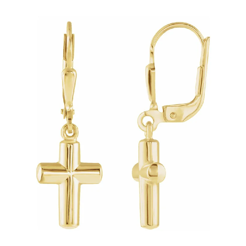 Ladies earrings intricate patterns-14K Yellow Gold Hollow Cross Lever Back Earrings, 9 x 31mm