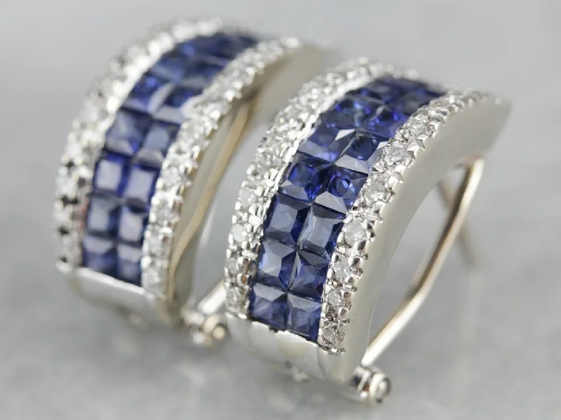 Ladies earrings mature styles-Half Hoop Sapphire and Diamond Earrings