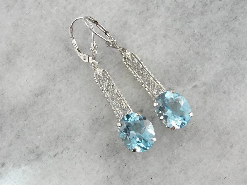 Ladies earrings sterling silver-Beautiful Blue Topaz and Diamond Filigree Drop Earrings, Upcycled Antique White Gold Bridal Earrings