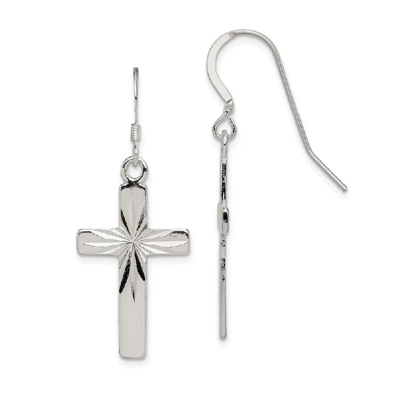 Ladies earrings designer labels-Polished & Diamond Cut Latin Cross Dangle Earrings in Sterling Silver