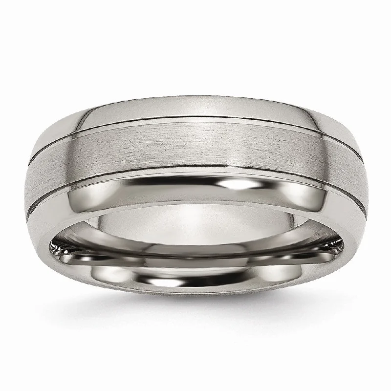 Ladies rings jade accents-Titanium, 8mm Multi Finish and Grooved Comfort Fit Band