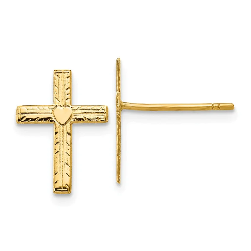 Ladies earrings gift choices-13mm Polished and Satin Heart Cross Post Earrings in 14k Yellow Gold