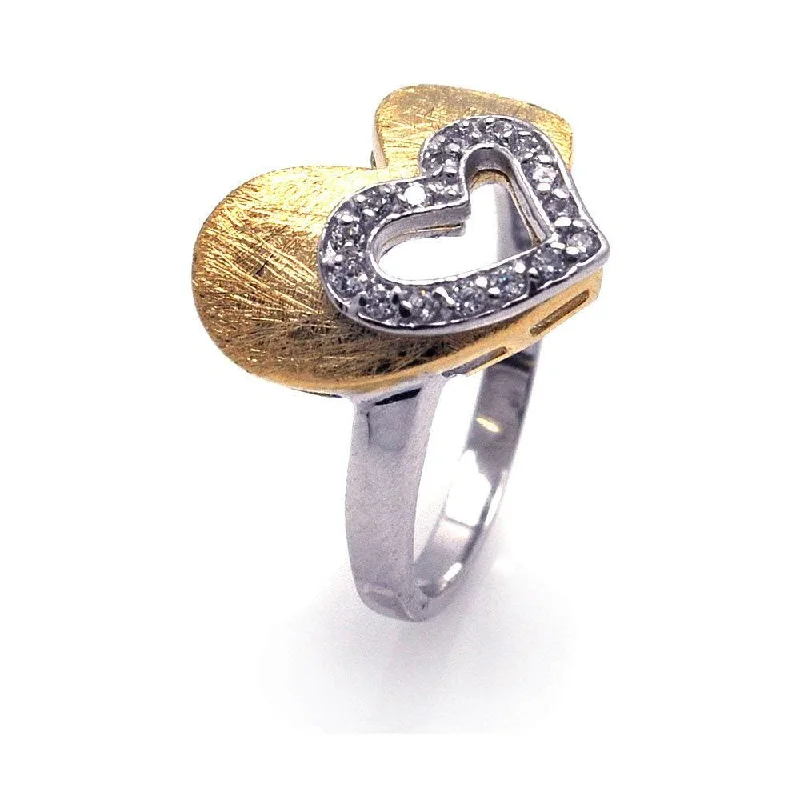 Ladies rings unique finds-Silver 925 Rhodium and Gold Plated 2 Toned Clear CZ Open Heart Ring - BGR00232