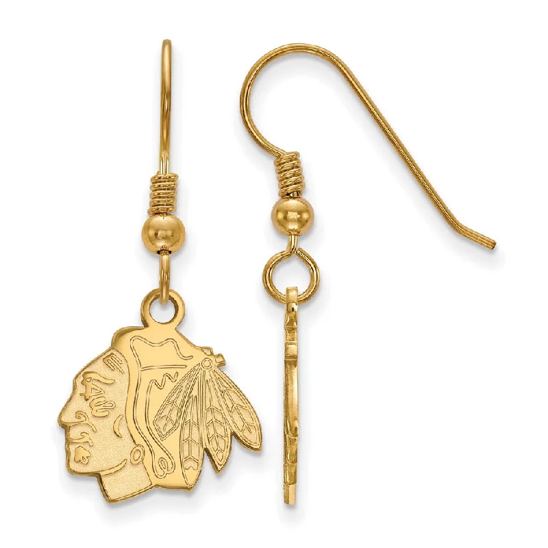 Ladies earrings investment value-SS 14k Yellow Gold Plated NHL Chicago Blackhawks Small Dangle Earrings