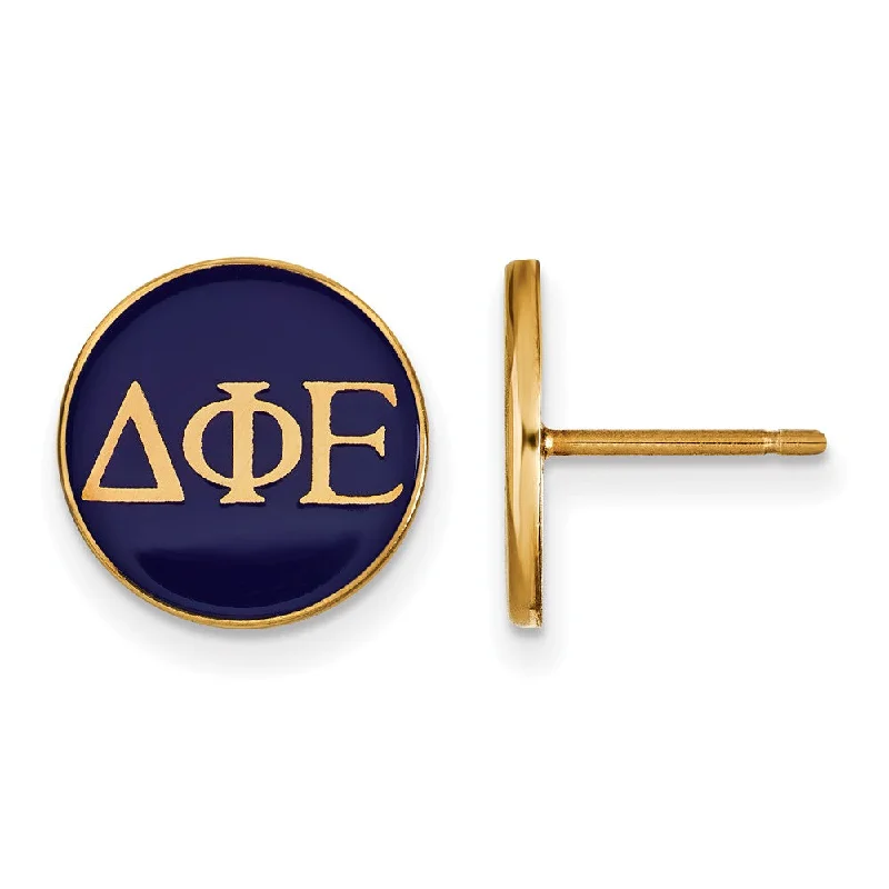 Ladies earrings intricate patterns-14K Plated Silver Delta Phi Epsilon Blue Enamel Disc Post Earrings