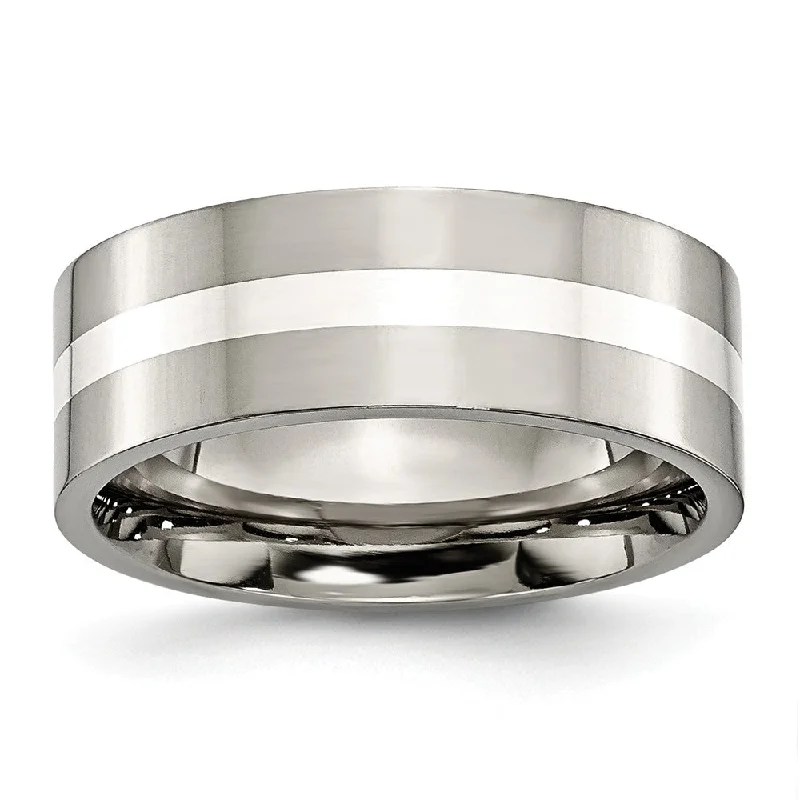 Ladies rings size guide-Titanium & Sterling Silver Inlay, 8mm Polished Flat Comfort Fit Band