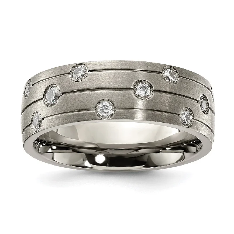 Ladies rings youthful designs-8mm Titanium & CZ Brushed & Grooved Standard Fit Band