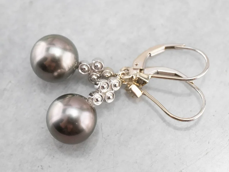 Ladies earrings handmade designs-Gray Pearl and Diamond Drop Earrings