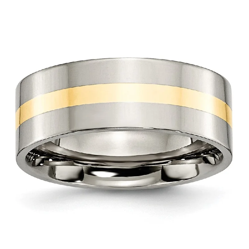 Ladies rings 2025 trends-8mm Titanium & 14k Gold Inlay Polished Flat Standard Fit Band