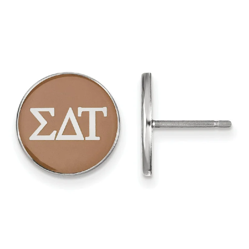 Ladies earrings social media trends-Sterling Silver Sigma Delta Tau Brown Enamel Disc Post Earrings