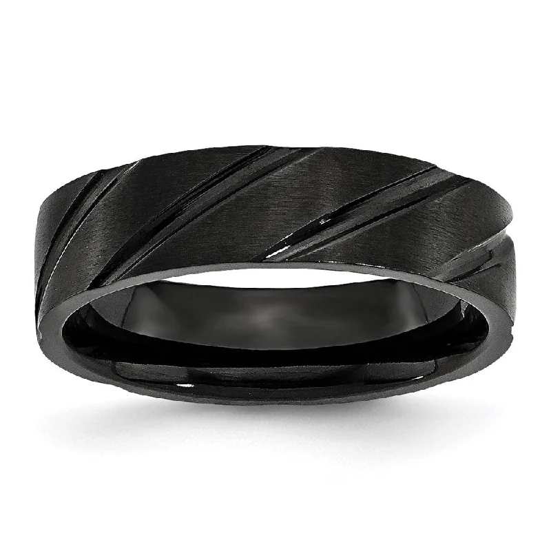 Ladies rings casual vibes-6mm Black Plated Titanium Brushed Grooved Standard Fit Band