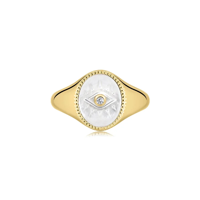 Ladies rings size guide-Gold Vermeil Mother of Pearl Evil Eye Signet Ring