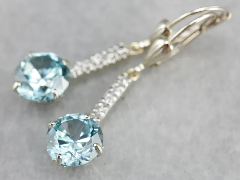 Ladies earrings unique pieces-Blue Zircon Drop Earrings with Diamond Accents