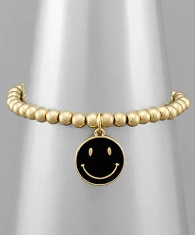 Ladies bracelets handmade designs-Smile Face & Metal Ball Bracelet - Black