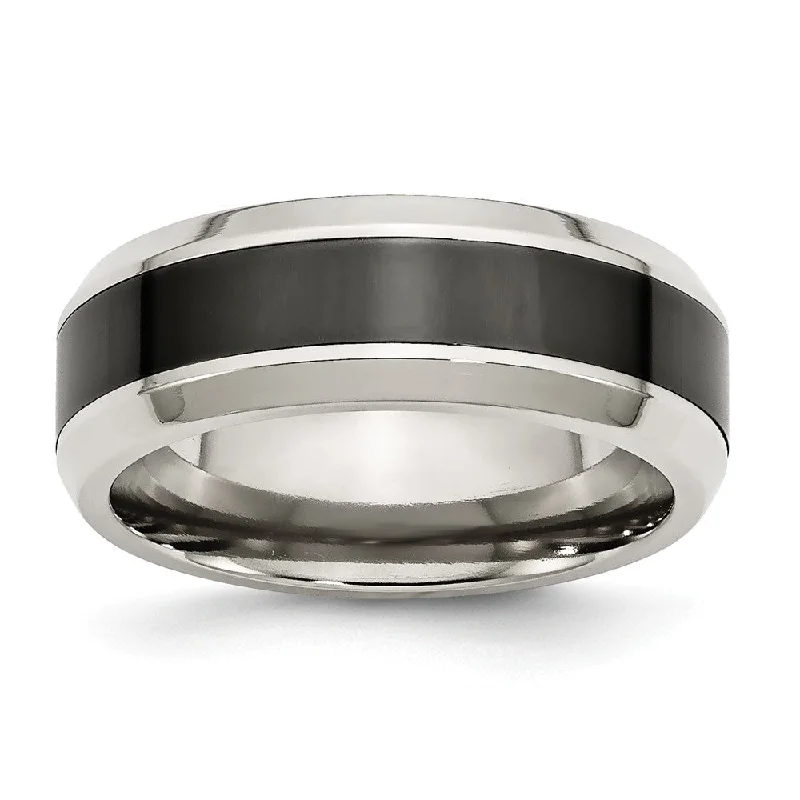 Ladies rings viral picks-7.5mm Polished Stainless Steel and Black Ceramic Beveled Band