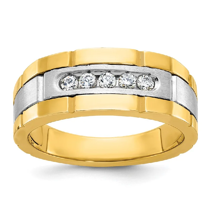 Ladies rings investment value-8.5mm 14K Two Tone Gold Grooved 5-Stone 1/4 Ctw Diamond Tapered Band