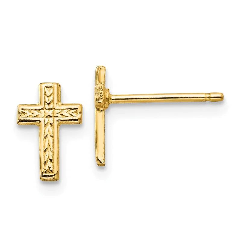 Ladies earrings European flair-9mm Textured Cross Post Earrings in 14k Yellow Gold