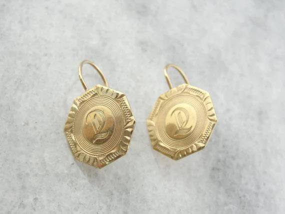 Ladies earrings creative looks-D Initialed 14K Yellow Gold Cufflink Drop Earrings