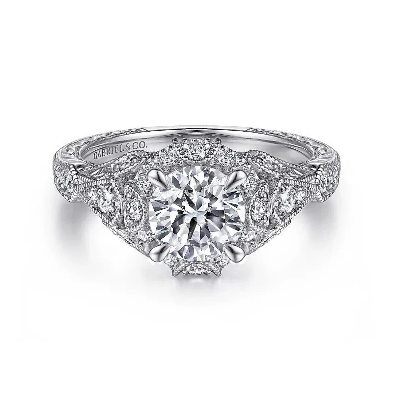 Ladies wedding rings top brands-Annadale - Unique 14K White Gold Vintage Inspired Diamond Halo Engagement Ring (Setting Only)