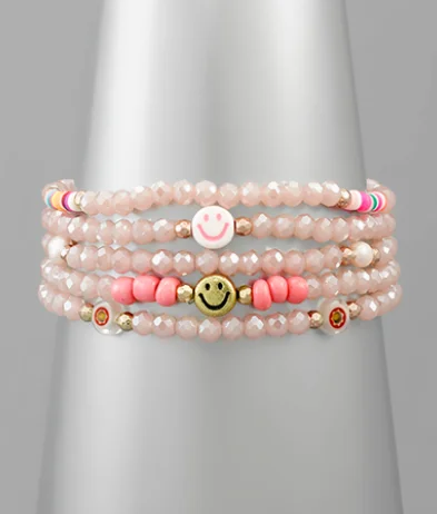 Ladies bracelets worldwide appeal-Smile Charm Bead Bracelet Set - Light Pink