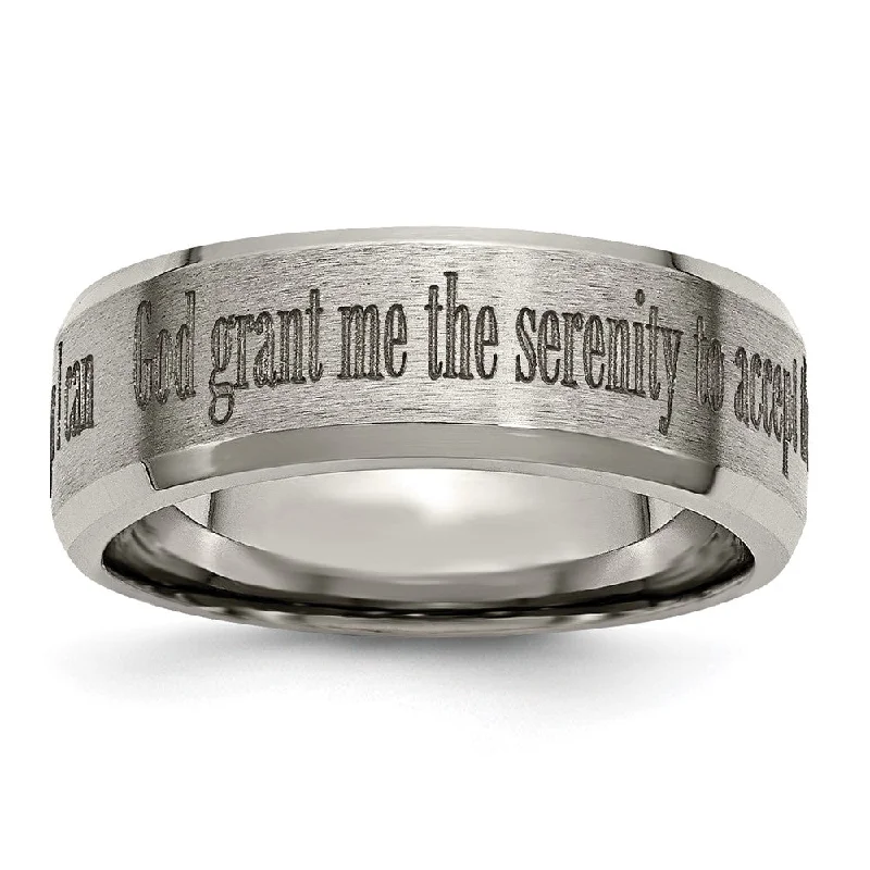 Ladies rings daily wear-8mm Titanium Lasered Serenity Prayer Beveled Edge Standard Fit Band