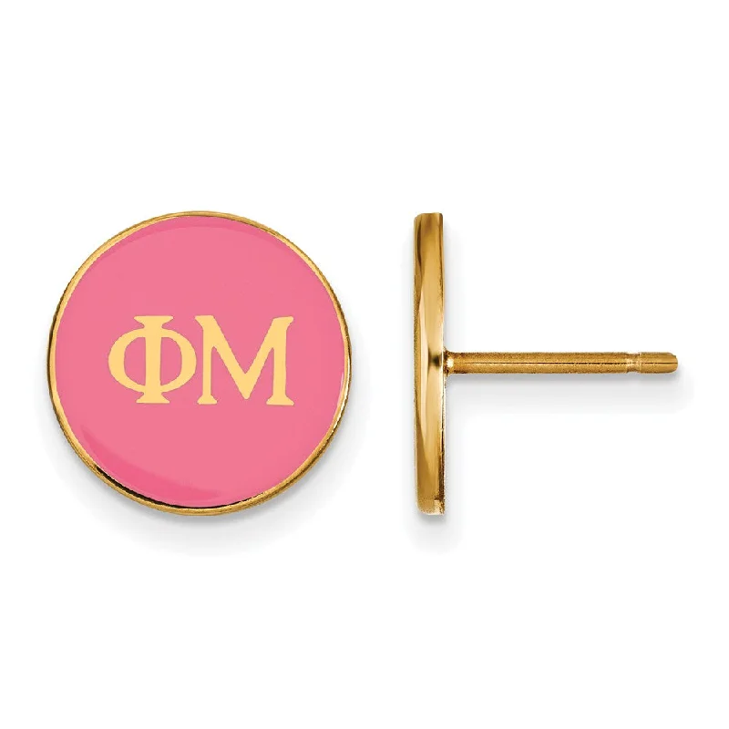 Ladies earrings personalized-14K Plated Silver Phi Mu Pink Enamel Disc Post Earrings