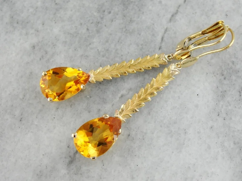 Ladies earrings limited releases-18K Gold Citrine Drop Earrings with Leafy Accents, Long Pear Cut Citrine Earrings