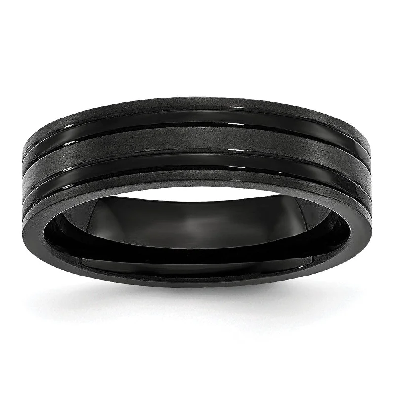 Ladies rings lightweight feel-6mm Black Plated Titanium Brushed & Polished Grooved Comfort Fit Band